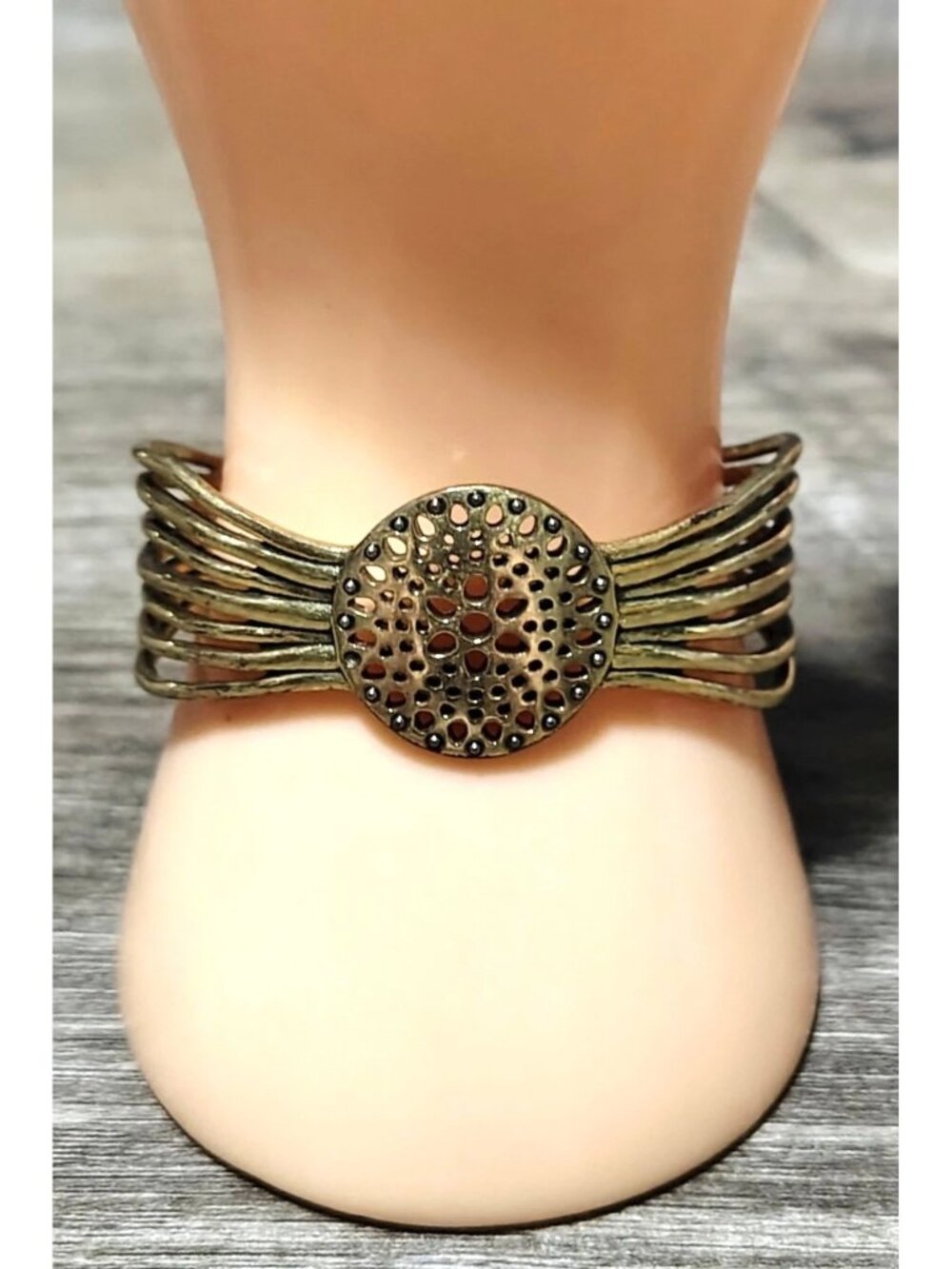 Lucky Brand Antique Gold Brass Tone Cuff Bracelet Medallion Boho Brutalist Style